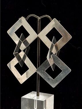 925 Sterling Silver Square Link Dangle Earrings Modernist Geometrical Drop 3”